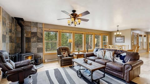 Living room, wood burning stove, flat screen tv, and forest view