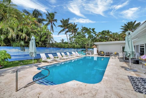 Heated pool with loungers along both sides, shaded by palms.