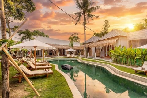 Outdoor pool, pool umbrellas, sun loungers