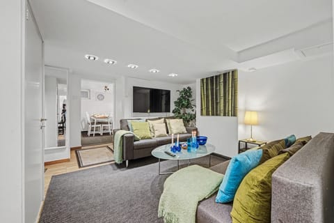 Inviting living space with generous seating and easy connection to the dining area. Please note lower ceiling sections typical of a basement apartment.