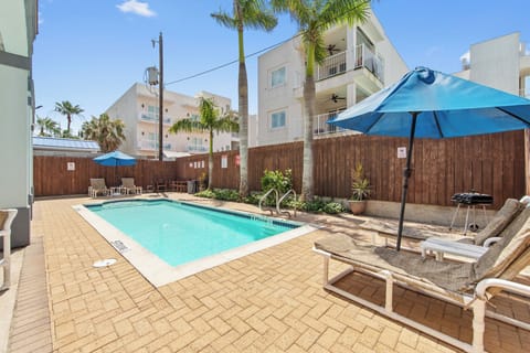 Shared pool area with palm trees, lounge seating, umbrellas, and surrounding patio space