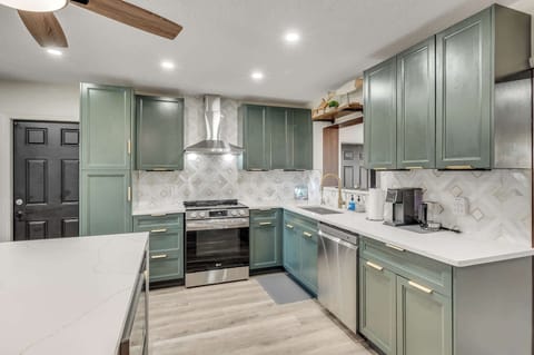 Modern kitchen with green cabinetry and stainless steel appliances