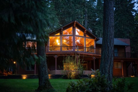 Stunning glass-front retreat glowing in the forest at night.