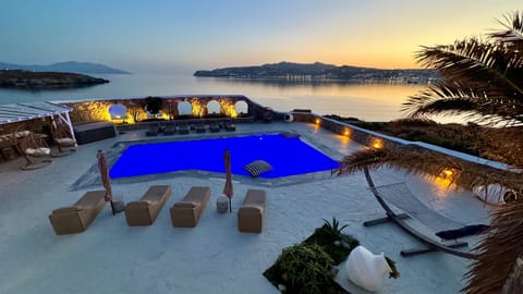 Dawn view of the pool and Aegean Sea from the first floor balcony.