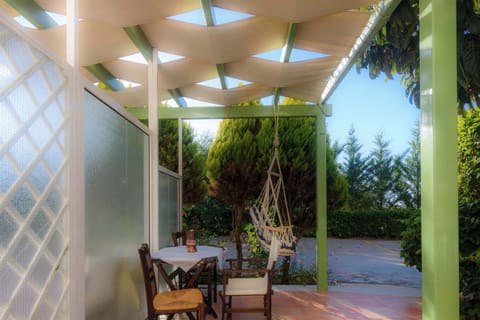 Covered Outdoor Patio with Dining Area and Garden Views