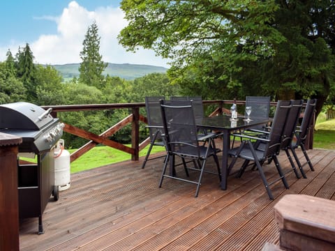 Decked area with garden furniture and gas BBQ | Brandoch Lodge - Kinnaird Estate Cottages, By Dunkeld, Pitlochry