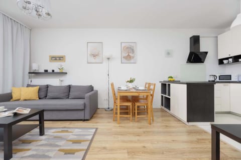 An open-plan living room with a modern kitchenette, offering both comfort and functionality in one space.
