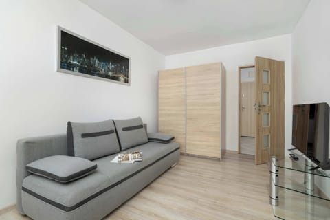 A spacious bedroom features a grey sofa, a light wood wardrobe, and a glass TV stand. The interior feels bright and airy thanks to the light laminate flooring and white walls.