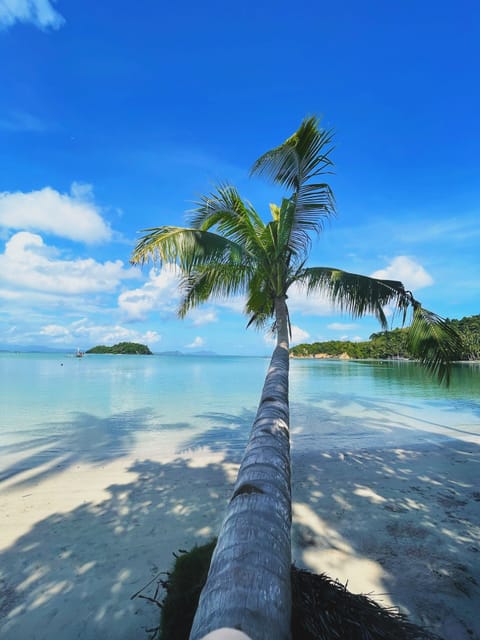 On the beach, white sand, sun loungers, beach towels