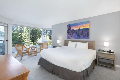 Unwind in a sunlit bedroom with forest views and lounge chairs.