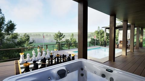 A rendering of a refined outdoor retreat showcasing elevated Smoky Mountain views from the hot tub, overlooking the oversized chess set, swim spa and private putt-putt green below. Will be finished by April 1st.