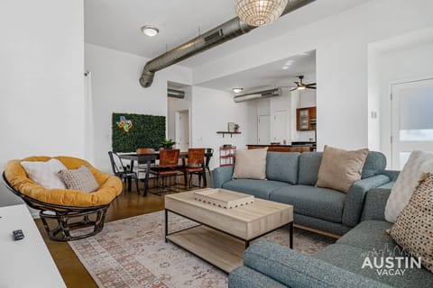 Living and dining spaces connected with easy flow for groups.