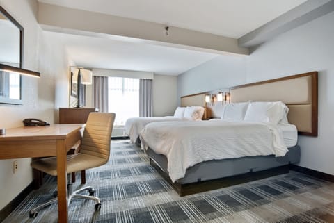 Desk, laptop workspace, blackout drapes, iron/ironing board