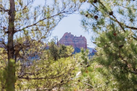 Stunning view of iconic Snoopy Rock from patio