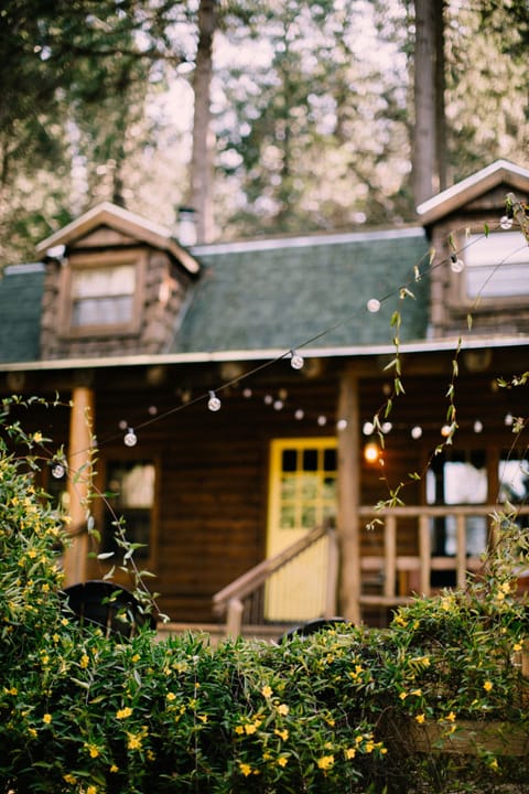 Modern-rustic log cabin with wrap-around deck & string lights at dusk