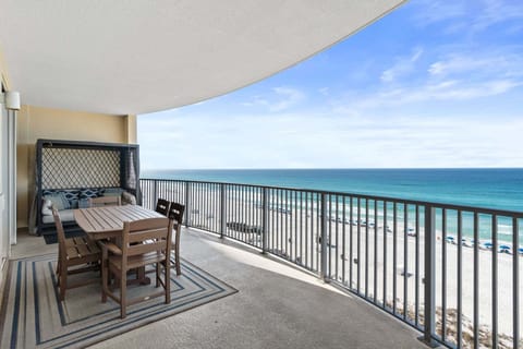 The oversized Gulf‑front balcony offers one of the most impressive outdoor living spaces in any Panama City Beach condo resort.