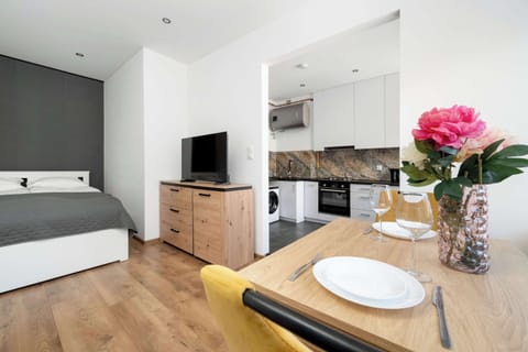 A compact studio style apartment combining a bedroom, dining space, and kitchen in one open area. A large bed with a gray headboard sits against a dark accent wall, while a wooden dresser with a mirror and a TV stands nearby.