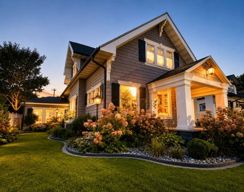 Beautiful curb appeal welcomes you home with lush landscaping, blooming gardens, and a charming covered porch. Thoughtfully maintained grounds and warm exterior lighting create a memorable first impression day or night.