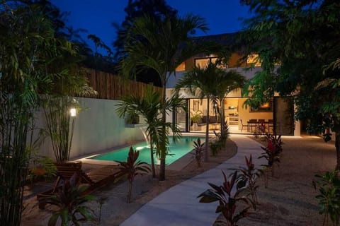 Impressive nighttime view of the courtyard and the villa. Beautiful path surrounded by vegetation leads to the villa.