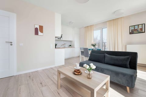 An open-plan living room connected to a small kitchen area. Light wooden floors, white cabinets, and a dark sofa create a bright, modern interior with minimal decoration.