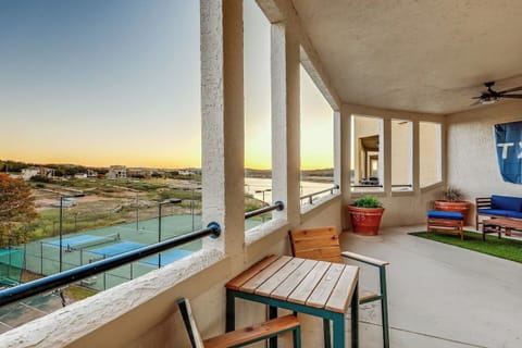 Multiple Seating Areas on Patio with Lake Views