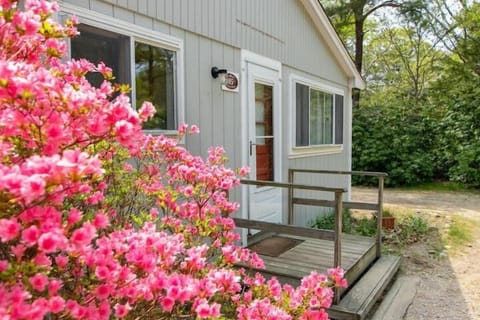 Step into your charming cottage entrance, where vibrant spring blooms create a welcoming first impression of your peaceful woodland retreat.