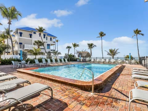 Heated beachfront pool with plenty of loungers, shady umbrellas & tropical vibes! 🌴☀️💦