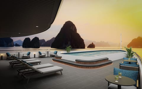 Outdoor pool, pool umbrellas, sun loungers