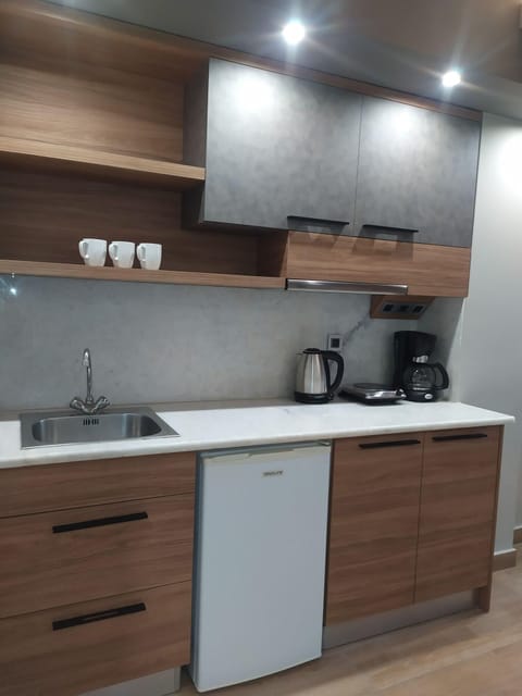 Fridge, stovetop, coffee/tea maker, electric kettle