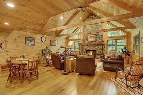 This living room is on the north side of the cabin. It has a propane fireplace.