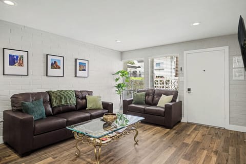 Living room with Roku TV and queen sleeper sofa.
