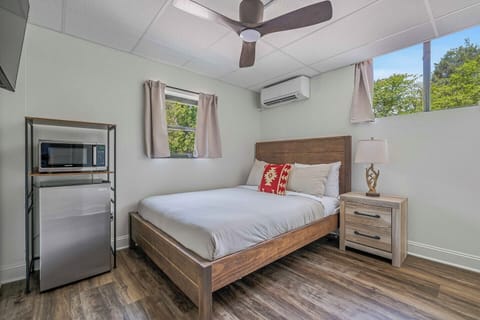 Enjoy a spacious, stylish bedroom in Asheville featuring a queen bed, contemporary décor, and abundant natural light.
