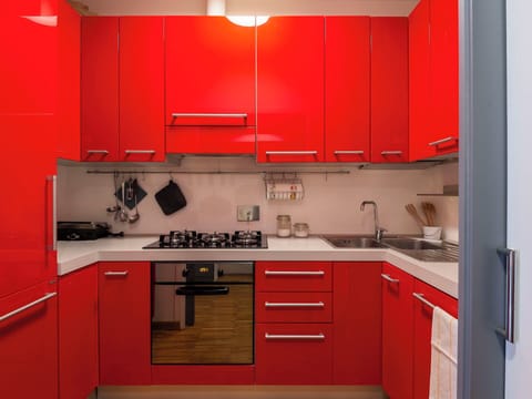 Kitchen, Red, Major Appliance, Kitchen Appliance, Countertop, Cabinetry, Kitchen Stove, Stove, Cupboard, Apartment