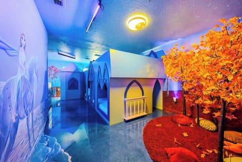 Frozen Themed Bedroom featuring custom castle bed (4 queen over queen) sleeps 8