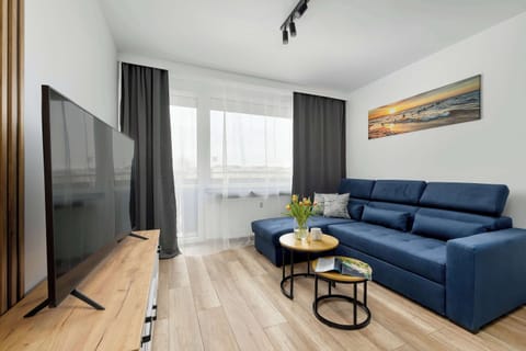 A cozy living room with a blue sofa and a wall-mounted TV creates a relaxing entertainment space. A small coffee table adds functionality without overwhelming the room.