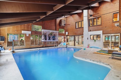 Beautiful pool area with high ceilings and natural light streaming in.