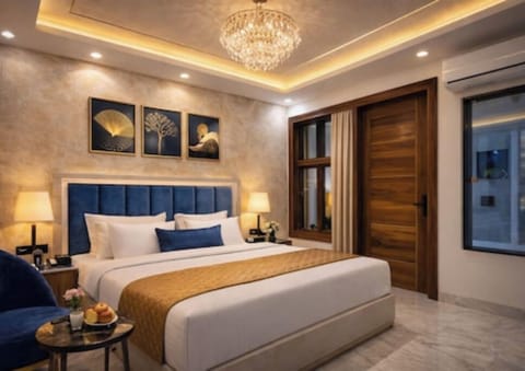 Premium bedding, desk, laptop workspace, soundproofing