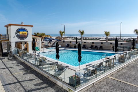 Modern oceanfront pool with crystal-clear waters, comfortable loungers, and direct beach access beyond the palm trees.