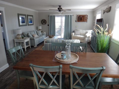 view from kitchen into dining/living area
