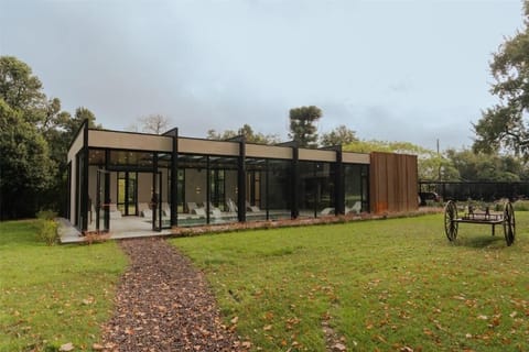 Arrive to a modern glass retreat set in quiet greenery.