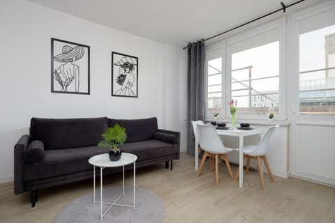 Living and dining space with a table and chairs by the window. A sofa and TV unit are arranged neatly to maximize space. The decor is simple and bright, emphasizing functionality.