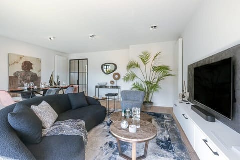 Modern living room with a curved sofa and large flat-screen television