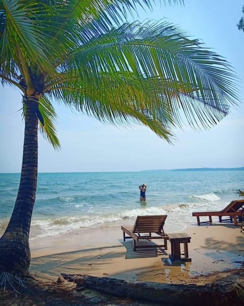 On the beach, sun loungers, beach umbrellas, beach volleyball