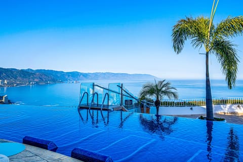 An infinity pool overlooking the ocean, mountains, and a tropical palm tree under a clear blue sky.