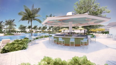 Linger poolside with shaded seating and breezy open-air design.