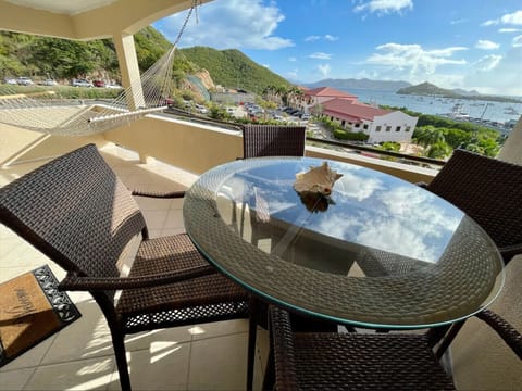 Ocean view from the balcony with hammock and dining table