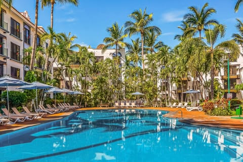 Expansive resort pool with a terracotta deck, blue umbrellas, and a lush grove of towering palm trees under a clear blue sky.