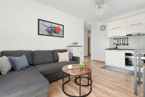 A spacious living room features a large, dark L-shaped couch paired with two round, industrial-style coffee tables. The space connects to a modern kitchen with white cabinets, while daylight from a large window makes the interior bright and inviting.