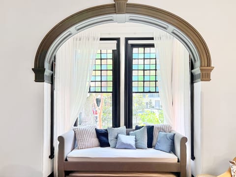 Heritage Family Room Shared Bathroom | Desk, laptop workspace, blackout drapes, iron/ironing board