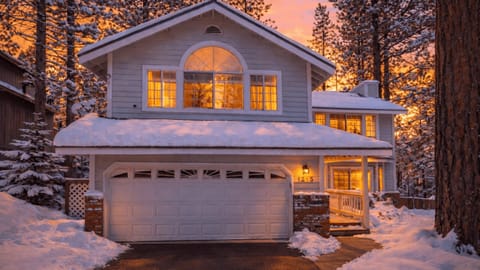Cozy winter retreat with warm glowing windows and snowy charm